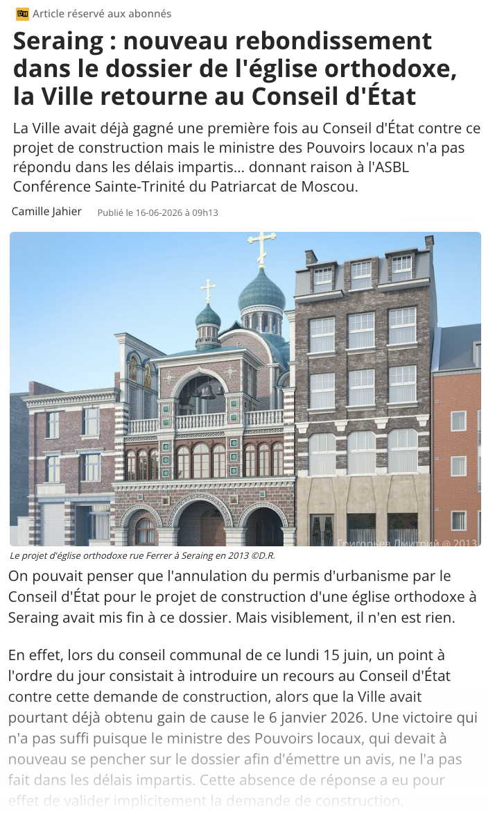 Page Internet DH. Seraing. Nouveau rebondissement dans le dossier de l|église orthodoxe, la Ville retourne au Conseil dïÉtat. 2026-06-16